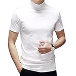 Percle Mens Fashion Short Sleeve Mock Turtleneck Basic Tops Casual Pullover T-Shirt Slim Fit Solid Undershirt, White, Medium