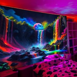 Simpkeely Blacklight Fantasy Waterfall Planet Tapestry Extra Large UV Reactive Nature Tapestry Neon Landscape Mountain Wave Tapestry Wall Hanging - 70.9" x 118.1"