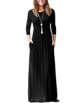 WNEEDU Maxi Dresses for Women UK 3/4 Sleeve Round Neck Ladies Casul Long Dresses Empire Waist Dress with Pockets Black XXL