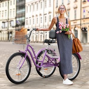 YITAHOME 24 & 26 Inch Adult Tricycle, 1 & 7 Speed 3 Wheel Bikes, Large Seat with Backrest Trike for Adults with Front & Rear Baskets, Cruiser Bike for Seniors Women Men Commute Picnic Outdoor