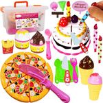 FUNERICA Play Food Goodies Set with Storage Box - Features Cutting Pizza, Ice Cream, Toy Birthday Cake, Fries, Dessert – Pretend Kitchen Toys for Toddlers, Boys, Girls