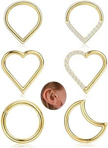 Besteel 6 Pcs Daith Piercing Jewelry Gold Hypoallergenic Cartilage Nose Conch Tragus Helix Hoop Piercing Jewelry Surgical Steel CZ Moon Heart Teardrop Seamless Hinged Clicker Septum Rings 16G,