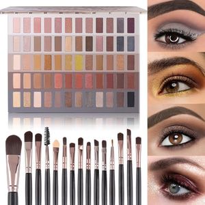 UCANBE 60 Colors Naked Eyeshadow Palette + 15Pcs Makeup Brush Set, All in One Nude Neutral Smokey Makeup Pallet with Brushes Tools, Pigmented Warm Matte Shimmer Powder Eye Shadows Cosmetic Halloween Beauty Kit