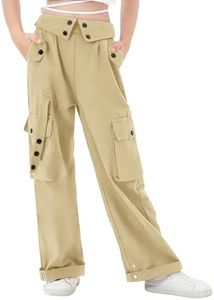 Rolanko Girls Cargo Pants Wide Leg Loose Cargo Trousers with Pockets Streetwear Kids Pants 4-15 Years, Khaki, 6-7