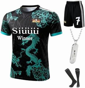 Kids Soccer Jersey Uniform Set #7 | Complete 4-Piece Kit with Shirt, Shorts, Socks & Player Necklace for Boys & Girls (Green-C.R.NO.7-Dragon, 11-12 Years)