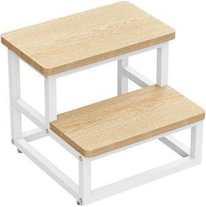 SZLHANJZ Step Stool, Wood and Metal Stepping Stool for Adults with Round Corner, Bedside Steps for High Beds, Small Foot Stool for Bedroom Kitchen, 500LB Load, Light Brown + White