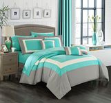 Chic Home Comforter Complete Bag Pieced Color Block Patterned Bedding with Sheet Set and Decorative Pillows Shams Included, Polyester, Turquoise, Queen