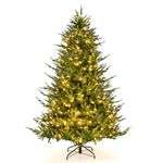 Goplus 7ft Pre-Lit Artificial Christmas Tree, Hinged Xmas Tree with 380 Warm-White LED Lights, 8 Lighting Modes, 1130 Branch Tips, Foldable Metal Stand, for Office Home Holiday Party Decor