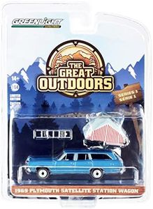 1969 Plymouth Satellite Station Wagon Blue Met. with Camp'otel Rooftop Sleeper Tent The Great Outdoors 1/64 Diecast Model Car by Greenlight 38010 B