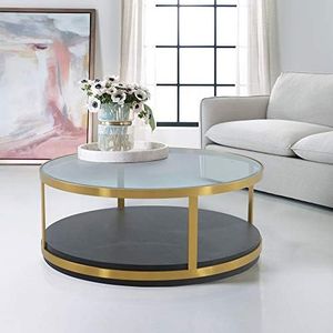 Armen Living Hattie Glass Top and Walnut Wood Coffee Table with Brushed Gold Frame, Brown