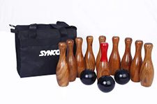 SYNCO Backyard Skittles Wooden Hardwood Set with 10 Pins(2 in1 Indoor Game,Lawn Bowling Games #Ring Toss Game for Family Kids and Adults, 9 inches Pins with 3 Balls, Synco Bag Included)