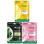 Garnier Skin Naturals, Face Mask Set, Hydrating, Brightening, & Pore Reducing, Sakura Glow, Bright Complete & Black Serum Mask Pure Charcoal, 3 pcs, 84g