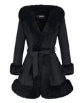 GRAN ORIENTE Suede Jacket for Women with Faux Fur Collar,Long Sleeve Warm Winter Parka Coat with Belt Outerwear, Black, Small