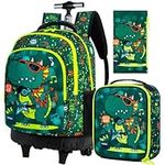 3pcs Rolling Backpack for Boys, Kids Roller School Backpack with Wheels, Teens College Dinosaur Wheeled Bookbag with Lunch Box (Green)