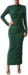 BTFBM Women Bodycon Maxi Dress Long Sleeve Back Slit Ruched Elegant Party Cocktail Formal Fall Wedding Guest Dresses(Dark Green, Small)