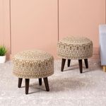 nestroots Ottoman Stool for Living Room Set of 2 | Pouffes for Sitting Printed Ottoman | Foot Rest Ottoman stools with 4 Wooden Legs (14 inch Height, Yellow)