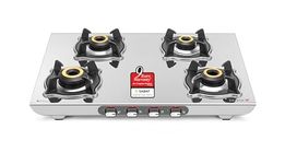 Sujata Majestic Manual Ignition Gas Stove | 9 Years Warranty | 4 Burner Stove, 4 Burner Gas Stove, SABAF, ISI Certified, LPG & PNG Compatible, Jumbo Brass Burners (Stainless Steel)