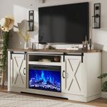 AMERLIFE Fireplace TV Stand with Sliding Barn Door for TVs up to 73", Farmhouse 63" Fireplace Entertainment Center with Storage Cabinets/Adjustable Shelves, Distressed White & Barnwood