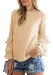 OMZIN Women's Lantern Sleeve Pleated Tops Casual Fashion Blouses Beige 2XL