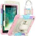 SEYMCY Kids Case for iPad 6th/5th Generation 2018/2017, Air 2 Case 2014, Pro 9.7 inch Shockproof Case 2016 with Screen Protector, Rotating Stand/Strap, Shoulder Strap for iPad 9.7 inch Case, Pink