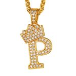 Iced Out Initial Letters Chain 22 inch, 18K Gold Plated Momongram Jewelry A-Z, Ice Bling Alphabet Pendant/Crown King Necklace, Cubic Zirconia Hip Hop Tennis Necklace with Pendant P for Men