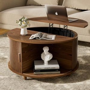 Pruchant Round Lift Top Coffee Table with Storage, Mid Century Modern Center Table with 180° Sliding Tambour Door, Small Circle Wood Fluted Dining Table for Living Room, Walnut