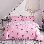 Morbuy Double Duvet Cover Set Girls Strawberry Bedding Set 3PCS, Soft Comfy Microfiber Fruit Geometry Reversible Duvet Cover with 2 Pillow Cases (Double-200x200CM, Foundation strawberry)