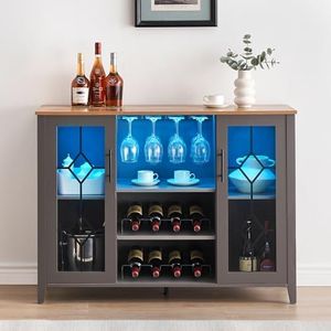 GarveeHome Wine Bar Cabinet with Led Light,Home Coffee Cabinet with Wine and Glass Rack,Kitchen Buffet Sideboard with Storage,Liquor Cabinet for Bar,Dining Room,Kitchen(Dark Grey)