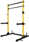 HULKFIT Pro Series Multi-Function Adjustable Weightlifting Squat Stand Rack - J Hooks, Pull Up Bars, Weight Plate Holders, Resistance Band Pegs, and Barbell Storage - Yellow