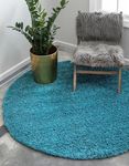 EMAAR CARPETS Handwoven Plain Premium Shag Collection Rug for Home Living Room Bedroom Plush Microfiber with 2 inch Pile Height, Size 3x3 Feet Round, Color Teal Blue