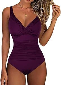 Hilor Women's One Piece Swimsuits Pin Tucked Surplice Swimwear Tummy Control Bathing Suits Monokinis Deep Merlot 10