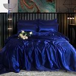 ROOEE Satin Silk Complete Bedding Set - 6 PCS - Fitted sheet, Duvet Cover, 4 Pillow Cases. Color - Navy Blue Size - Double