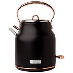 Haden 75041 Heritage 1.7 Liter (7 Cup) Stainless Steel Electric Kettle with Auto Shut-Off and Boil Dry Protection, Black/Copper