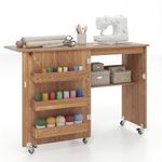 COSTWAY Folding Sewing Table, 2-in-1 Rolling Craft Table with Storage Shelves and Lockable Casters, Space Saving Sewing Machine Cabinet Computer Desk (Natural)