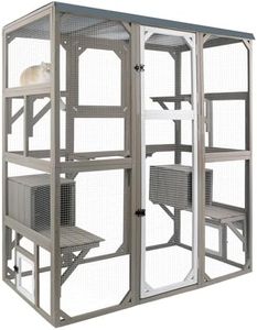 PetsCosset Outdoor Cat Catio Enclosures Large Wooden Cat House Patio for Indoor Cats Feral Cat Shelter with 2 Espace Doors, 2 Resting Rooms, 5 Platforms, Removable Waterproof Cover 67.7" H