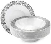 MATANA 20 pc Premium Plastic Party Bowls with Silver Lace Rim (7" Inch/ 12oz) Heat Resistant, Heavy Duty, Reusable Plastic Soup Bowls Dessert Bowls for Parties, Wedding, Thanksgiving, Picnics