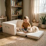 TinyPalsa Foldable Toddler Couch with Soft Sherpa Cover, 2-in-1 Comfy Toddler Sofa & Lounger for 1-3 Years Old Girls Boys, Kids Chair with Pockets & Handle for Reading, Playroom (Beige)