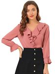 Allegra K Women's Ruffle V Neck Chiffon Blouse Bracelet Sleeve Vintage Peasant Top Dark Pink M-12