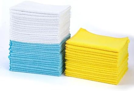 Amazon Basics Microfiber Cleaning Cloths, Non-Abrasive, Reusable and Washable, Pack of 48, Blue/White/Yellow, 16" x 12"