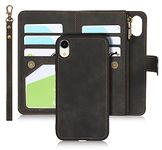 iCoverCase for iPhone XR Wallet Phone Case with Card Holder, 2 in 1 PU Leather Zipper Pocket Magnetic Detachable Case with Wrist Strap (Black)