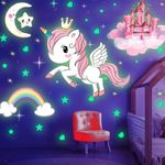 Glow in The Dark Stars, Glowing Unicorn Sets with Castle Moon and Rainbow Wall Decals for Kids Bedding Room, Great for Birthday Gift Wall Mural Stickers for Girls and Boys