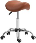 HOMCOM Cosmetic Stool 360° Rotate Height Adjustable Salon Massage Spa Chair Hydraulic Rolling Faux Leather Saddle Stool Mobility - Brown