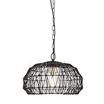 Novogratz x Globe 44759 1-Light Outdoor Plug-in Pendant Light, Black Woven Fabric Shade, Matte Black, Designer Black Fabric Hanging Cord, E26 Base Socket, Kitchen Island, Café, Ceiling Hanging Light