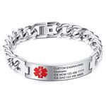 MOWOM Medical Alert Bracelet Custom Engraved, 7-9 Inches, Identification Allergy Life Medic Name ID for Men Women Stainless Steel Chain Bracelets - (Bundle with Emergency Card, Holder)