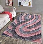 NEW BLUSH ROSE PINK GREY SILVER SILKY SOFT SHAG PILE RUG SWIRL DESIGN CONTEMPORARY SHAGGY MAT (150X210CM)