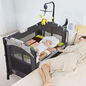 BABY JOY 4 in 1 Pack and Play, Baby Bedside Sleeper with Bassinet, 3 Adjustable Heights, Music Box, Easy to Install, Foldable Bedside Crib w/Changing Table, Playards from Newborn to Toddlers