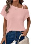 Dokotoo Women's T-Shirts Off One Shoulder Waffle Knit Tops for Women Trendy Spring Summer Short Sleeve Tee Shirts Dressy Casual Loose Lightweight Blouse Pullover Ladies Tops and Blouses Pink Medium