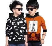 First Flying Kids Boys Hooded Neck Pure Cotton, Printed, Regular Fitted, T-Shirt, Pack of 2 Orange