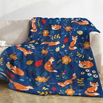 Fox Blanket Kids, Soft Flannel Fox Blanket Throw, Blue Fox Fleece Blanket with Flower, Cozy Warm Fluffy Fuzzy Wildlife Floral Print Blankets for Teen Girls Women Gifts Sofa Couch Bed Decor, 130x152cm