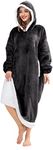 HBlife Oversized Long Wearable Blanket Hoodie for Adult, Thick Sherpa Sweatshirt with Elastic Sleeves and Giant Pockets Super Warm and Cozy Fuzzy Plush Fleece Blanket Jacket, Dark Gray